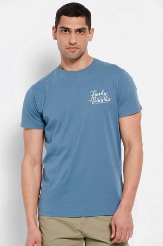 Funky Buddha ανδρικό βαμβακερό T-shirt μονόχρωμο με logo print στο στήθος - FBM007-027-04 Μπλε Ραφ L